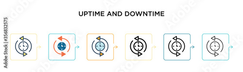 Uptime and downtime vector icon in 6 different modern styles. Black, two colored uptime and downtime icons designed in filled, outline, line and stroke style. Vector illustration can be used for web,