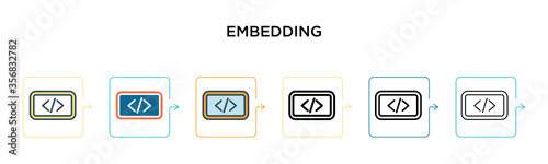 Embedding vector icon in 6 different modern styles. Black, two colored embedding icons designed in filled, outline, line and stroke style. Vector illustration can be used for web, mobile, ui