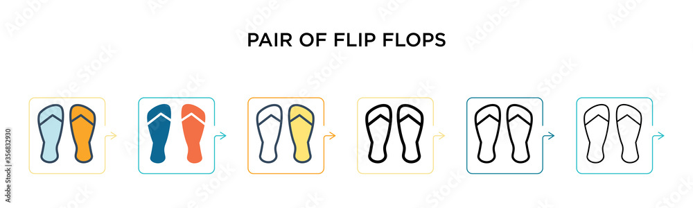 Pair of flip flops vector icon in 6 different modern styles. Black, two colored pair of flip flops icons designed in filled, outline, line and stroke style. Vector illustration can be used for web, Pair of flip flops vector icon in 6 different modern styles. Black, two colored pair of flip flops icons designed in filled, outline, line and stroke style. Vector illustration can be used for web,