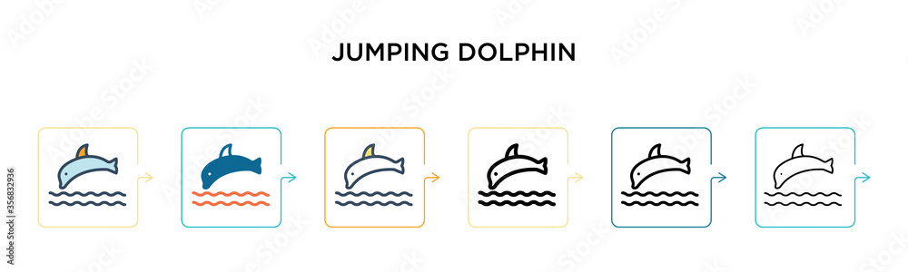 Jumping dolphin vector icon in 6 different modern styles. Black, two colored jumping dolphin icons designed in filled, outline, line and stroke style. Vector illustration can be used for web, mobile, Jumping dolphin vector icon in 6 different modern styles. Black, two colored jumping dolphin icons designed in filled, outline, line and stroke style. Vector illustration can be used for web, mobile,