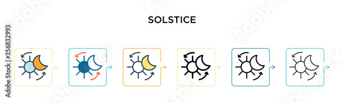 Solstice vector icon in 6 different modern styles. Black, two colored solstice icons designed in filled, outline, line and stroke style. Vector illustration can be used for web, mobile, ui