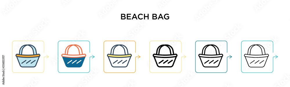 Beach bag vector icon in 6 different modern styles. Black, two colored beach bag icons designed in filled, outline, line and stroke style. Vector illustration can be used for web, mobile, ui Beach bag vector icon in 6 different modern styles. Black, two colored beach bag icons designed in filled, outline, line and stroke style. Vector illustration can be used for web, mobile, ui