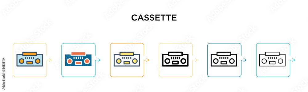 Cassette vector icon in 6 different modern styles. Black, two colored cassette icons designed in filled, outline, line and stroke style. Vector illustration can be used for web, mobile, ui Cassette vector icon in 6 different modern styles. Black, two colored cassette icons designed in filled, outline, line and stroke style. Vector illustration can be used for web, mobile, ui