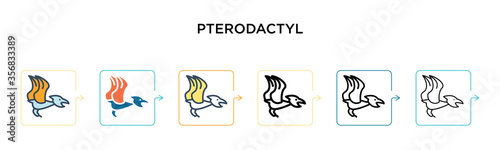 Pterodactyl vector icon in 6 different modern styles. Black, two colored pterodactyl icons designed in filled, outline, line and stroke style. Vector illustration can be used for web, mobile, ui