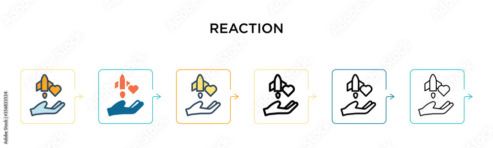 Reaction vector icon in 6 different modern styles. Black, two colored reaction icons designed in filled, outline, line and stroke style. Vector illustration can be used for web, mobile, ui