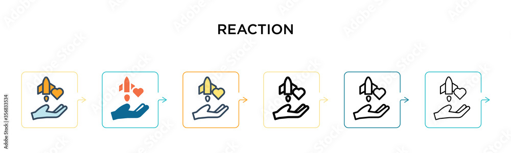 Reaction vector icon in 6 different modern styles. Black, two colored reaction icons designed in filled, outline, line and stroke style. Vector illustration can be used for web, mobile, ui Reaction vector icon in 6 different modern styles. Black, two colored reaction icons designed in filled, outline, line and stroke style. Vector illustration can be used for web, mobile, ui