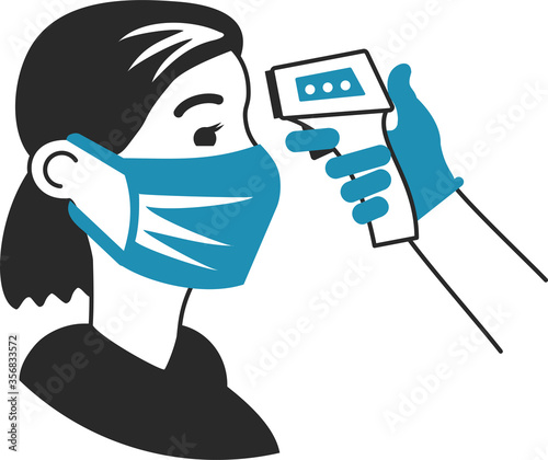 Checking body temperature before entering a public place for monitoring and preventing coronovirus. Flat infographics. Vector illustration