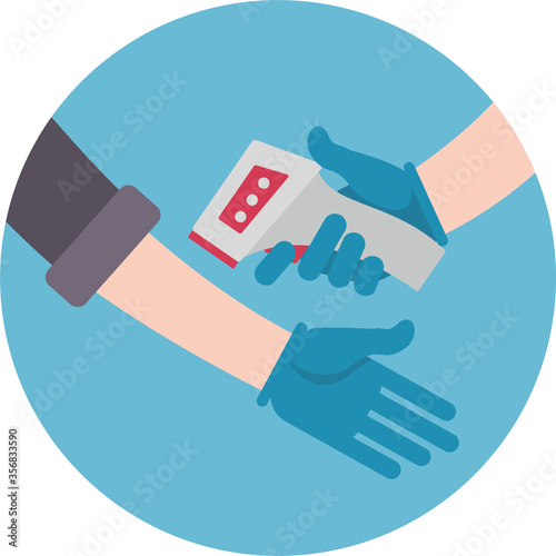 Checking body temperature before entering a public place for monitoring and preventing coronovirus. Flat infographics. Vector illustration