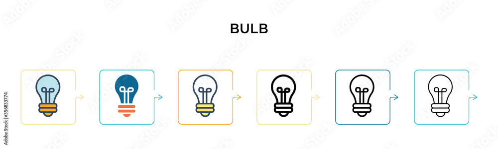 Bulb vector icon in 6 different modern styles. Black, two colored bulb icons designed in filled, outline, line and stroke style. Vector illustration can be used for web, mobile, ui