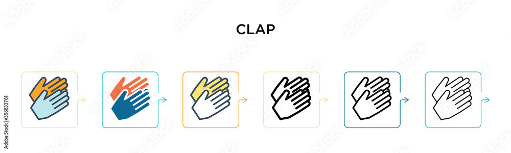 Clap vector icon in 6 different modern styles. Black, two colored clap icons designed in filled, outline, line and stroke style. Vector illustration can be used for web, mobile, ui Clap vector icon in 6 different modern styles. Black, two colored clap icons designed in filled, outline, line and stroke style. Vector illustration can be used for web, mobile, ui