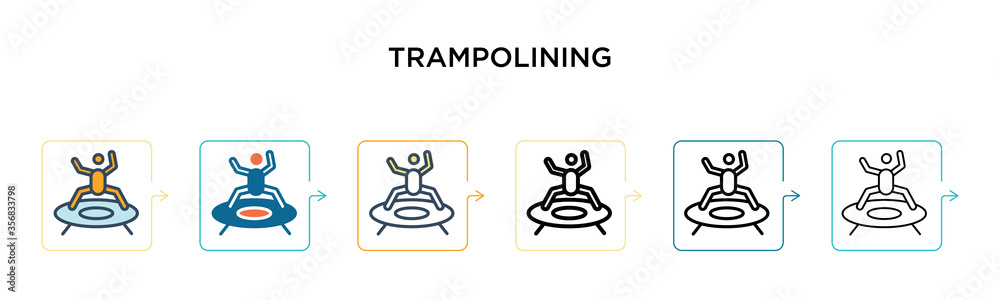 Trampolining vector icon in 6 different modern styles. Black, two colored trampolining icons designed in filled, outline, line and stroke style. Vector illustration can be used for web, mobile, ui Trampolining vector icon in 6 different modern styles. Black, two colored trampolining icons designed in filled, outline, line and stroke style. Vector illustration can be used for web, mobile, ui