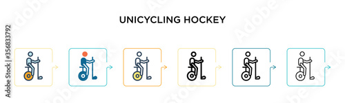 Unicycling hockey vector icon in 6 different modern styles. Black, two colored unicycling hockey icons designed in filled, outline, line and stroke style. Vector illustration can be used for web,