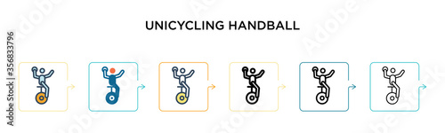 Unicycling handball vector icon in 6 different modern styles. Black, two colored unicycling handball icons designed in filled, outline, line and stroke style. Vector illustration can be used for web,