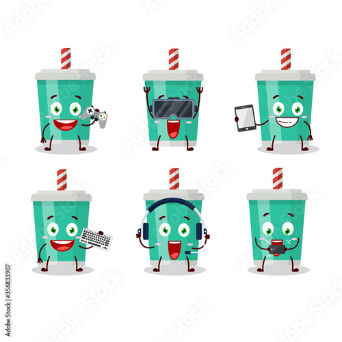 Soda bottle cartoon character are playing games with various cute emoticons