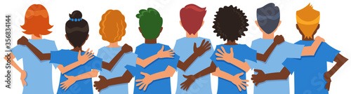 Diverse people arms around each other's shoulders from behind. Concept of teamwork or friendship. Vector illustration in flat cartoon style. 