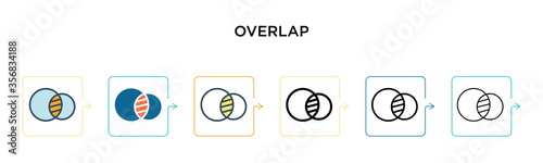 Overlap vector icon in 6 different modern styles. Black, two colored overlap icons designed in filled, outline, line and stroke style. Vector illustration can be used for web, mobile, ui