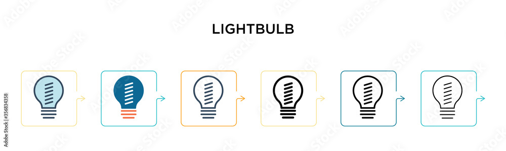 Lightbulb vector icon in 6 different modern styles. Black, two colored lightbulb icons designed in filled, outline, line and stroke style. Vector illustration can be used for web, mobile, ui Lightbulb vector icon in 6 different modern styles. Black, two colored lightbulb icons designed in filled, outline, line and stroke style. Vector illustration can be used for web, mobile, ui
