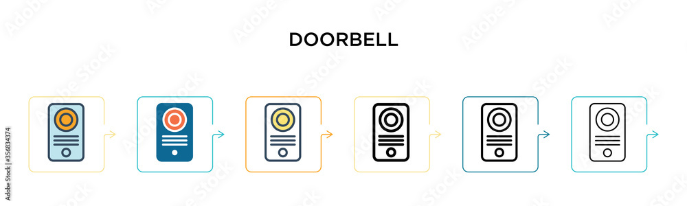 Doorbell vector icon in 6 different modern styles. Black, two colored doorbell icons designed in filled, outline, line and stroke style. Vector illustration can be used for web, mobile, ui Doorbell vector icon in 6 different modern styles. Black, two colored doorbell icons designed in filled, outline, line and stroke style. Vector illustration can be used for web, mobile, ui