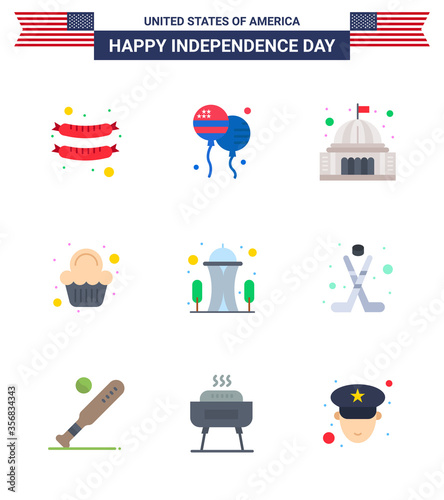 USA Independence Day Flat Set of 9 USA Pictograms of landmark; celebration; building; sweet; cake photo