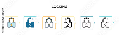 Locking vector icon in 6 different modern styles. Black, two colored locking icons designed in filled, outline, line and stroke style. Vector illustration can be used for web, mobile, ui