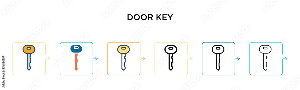 Door key vector icon in 6 different modern styles. Black, two colored door key icons designed in filled, outline, line and stroke style. Vector illustration can be used for web, mobile, ui Door key vector icon in 6 different modern styles. Black, two colored door key icons designed in filled, outline, line and stroke style. Vector illustration can be used for web, mobile, ui