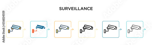 Surveillance vector icon in 6 different modern styles. Black, two colored surveillance icons designed in filled, outline, line and stroke style. Vector illustration can be used for web, mobile, ui