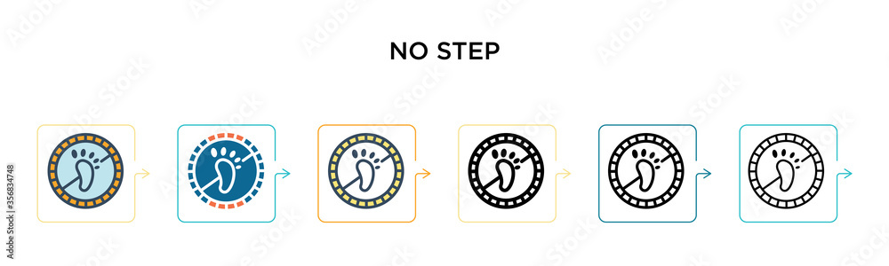 No step vector icon in 6 different modern styles. Black, two colored no step icons designed in filled, outline, line and stroke style. Vector illustration can be used for web, mobile, ui