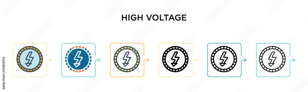 High voltage vector icon in 6 different modern styles. Black, two colored high voltage icons designed in filled, outline, line and stroke style. Vector illustration can be used for web, mobile, ui