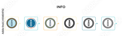 Info vector icon in 6 different modern styles. Black, two colored info icons designed in filled, outline, line and stroke style. Vector illustration can be used for web, mobile, ui