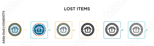 Lost items vector icon in 6 different modern styles. Black, two colored lost items icons designed in filled, outline, line and stroke style. Vector illustration can be used for web, mobile, ui