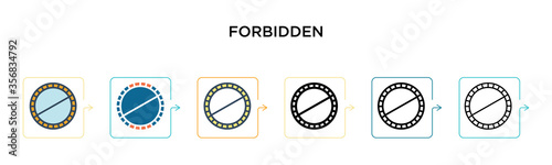 Forbidden vector icon in 6 different modern styles. Black, two colored forbidden icons designed in filled, outline, line and stroke style. Vector illustration can be used for web, mobile, ui