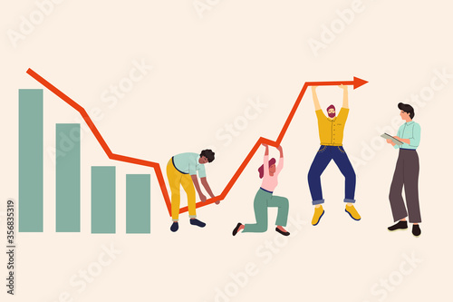 Illustration of global economic impacts, recession, economy graph chart down. Bankrupt concept. People trying to keep downward financial trend arrow risk crisis, money lost business vector.