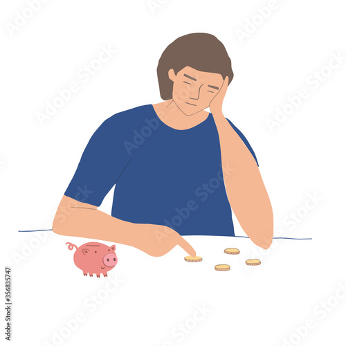 Cartoon sad man counts his money from piggy piggy bank. Bankruptcy and unemployment concept. A man or woman is thinking about finances. Flat vector illustration