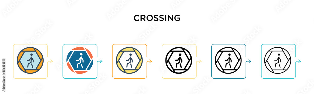 Crossing vector icon in 6 different modern styles. Black, two colored crossing icons designed in filled, outline, line and stroke style. Vector illustration can be used for web, mobile, ui Crossing vector icon in 6 different modern styles. Black, two colored crossing icons designed in filled, outline, line and stroke style. Vector illustration can be used for web, mobile, ui