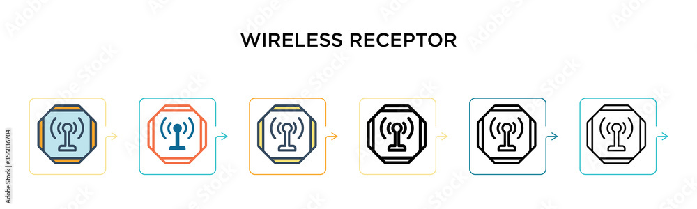 Wireless receptor vector icon in 6 different modern styles. Black, two colored wireless receptor icons designed in filled, outline, line and stroke style. Vector illustration can be used for web, Wireless receptor vector icon in 6 different modern styles. Black, two colored wireless receptor icons designed in filled, outline, line and stroke style. Vector illustration can be used for web,