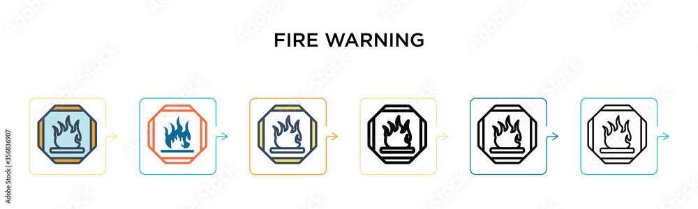 Fire warning vector icon in 6 different modern styles. Black, two colored fire warning icons designed in filled, outline, line and stroke style. Vector illustration can be used for web, mobile, ui Fire warning vector icon in 6 different modern styles. Black, two colored fire warning icons designed in filled, outline, line and stroke style. Vector illustration can be used for web, mobile, ui