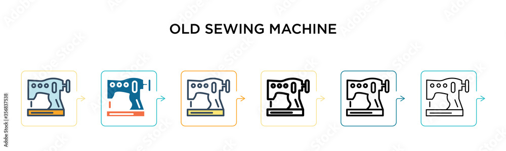 Old sewing machine vector icon in 6 different modern styles. Black, two colored old sewing machine icons designed in filled, outline, line and stroke style. Vector illustration can be used for web, Old sewing machine vector icon in 6 different modern styles. Black, two colored old sewing machine icons designed in filled, outline, line and stroke style. Vector illustration can be used for web,