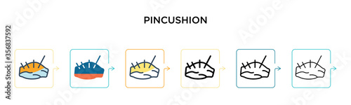 Pincushion vector icon in 6 different modern styles. Black, two colored pincushion icons designed in filled, outline, line and stroke style. Vector illustration can be used for web, mobile, ui