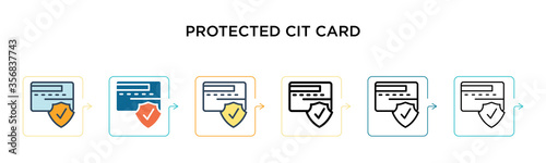 Protected credit card vector icon in 6 different modern styles. Black, two colored protected credit card icons designed in filled, outline, line and stroke style. Vector illustration can be used for