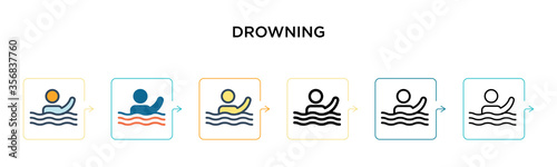 Drowning vector icon in 6 different modern styles. Black, two colored drowning icons designed in filled, outline, line and stroke style. Vector illustration can be used for web, mobile, ui