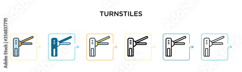 Turnstiles vector icon in 6 different modern styles. Black, two colored turnstiles icons designed in filled, outline, line and stroke style. Vector illustration can be used for web, mobile, ui
