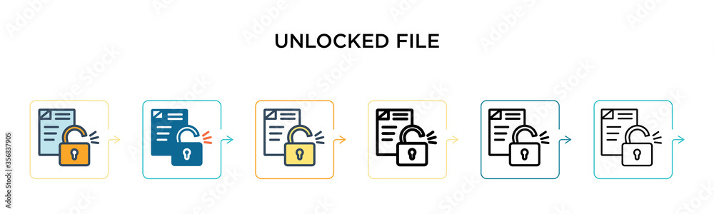 Unlocked file vector icon in 6 different modern styles. Black, two colored unlocked file icons designed in filled, outline, line and stroke style. Vector illustration can be used for web, mobile, ui Unlocked file vector icon in 6 different modern styles. Black, two colored unlocked file icons designed in filled, outline, line and stroke style. Vector illustration can be used for web, mobile, ui