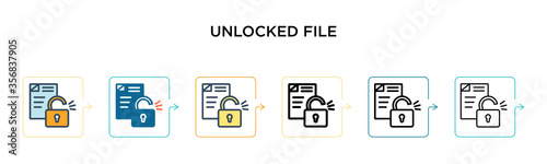 Unlocked file vector icon in 6 different modern styles. Black, two colored unlocked file icons designed in filled, outline, line and stroke style. Vector illustration can be used for web, mobile, ui