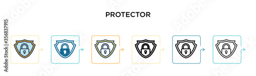 Protector vector icon in 6 different modern styles. Black, two colored protector icons designed in filled, outline, line and stroke style. Vector illustration can be used for web, mobile, ui