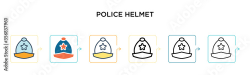 Police helmet vector icon in 6 different modern styles. Black, two colored police helmet icons designed in filled, outline, line and stroke style. Vector illustration can be used for web, mobile, ui