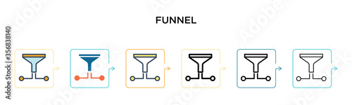 Funnel vector icon in 6 different modern styles. Black, two colored funnel icons designed in filled, outline, line and stroke style. Vector illustration can be used for web, mobile, ui