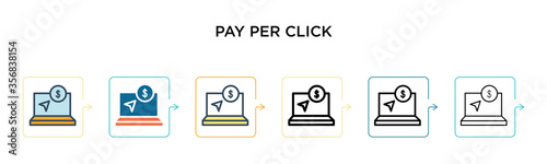 Pay per click vector icon in 6 different modern styles. Black, two colored pay per click icons designed in filled, outline, line and stroke style. Vector illustration can be used for web, mobile, ui