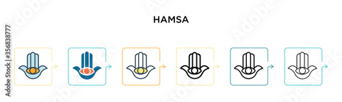 Hamsa vector icon in 6 different modern styles. Black, two colored hamsa icons designed in filled, outline, line and stroke style. Vector illustration can be used for web, mobile, ui