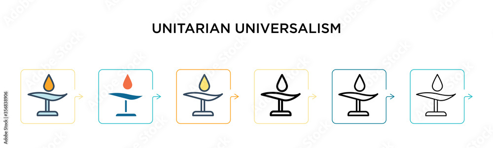 Fototapeta premium Unitarian universalism vector icon in 6 different modern styles. Black, two colored unitarian universalism icons designed in filled, outline, line and stroke style. Vector illustration can be used for