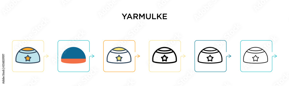 Yarmulke vector icon in 6 different modern styles. Black, two colored yarmulke icons designed in filled, outline, line and stroke style. Vector illustration can be used for web, mobile, ui Yarmulke vector icon in 6 different modern styles. Black, two colored yarmulke icons designed in filled, outline, line and stroke style. Vector illustration can be used for web, mobile, ui